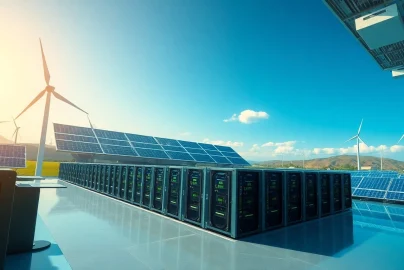 Dogecoin cloud mining in a modern facility powered by renewable energy, highlighting advanced AI technology.