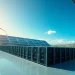 Dogecoin cloud mining in a modern facility powered by renewable energy, highlighting advanced AI technology.