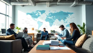 Équipe multilingue travaillant en collaboration dans un bureau d'agence de traduction.