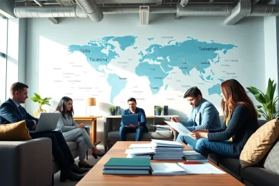 Équipe multilingue travaillant en collaboration dans un bureau d'agence de traduction.