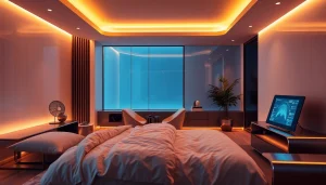 Intimate bedroom scene showcasing AI sex technology with sleek decor and ambient lighting.
