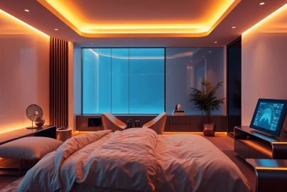 Intimate bedroom scene showcasing AI sex technology with sleek decor and ambient lighting.