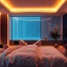 Intimate bedroom scene showcasing AI sex technology with sleek decor and ambient lighting.