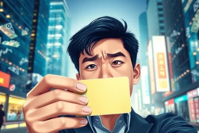 카드깡의 불법성을 보여주는 인물의 모습과 현대 도시 배경