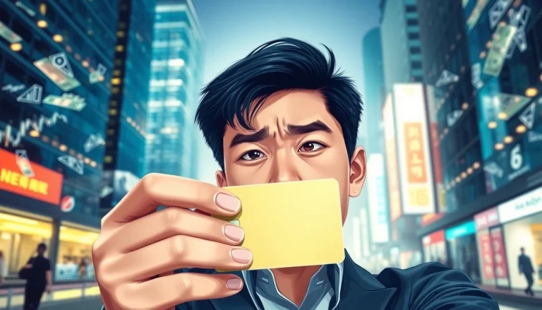 카드깡의 불법성을 보여주는 인물의 모습과 현대 도시 배경