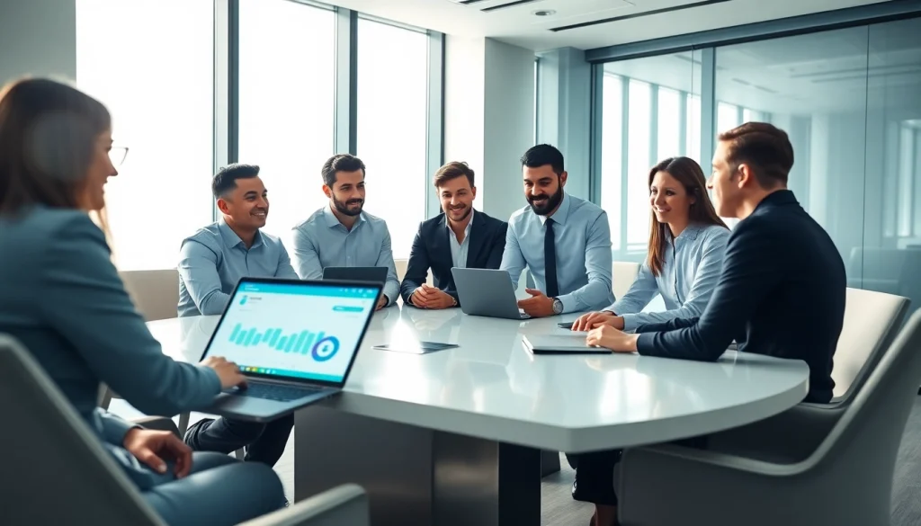Engaging scene of a business team discussing WhatsApp Business CRM software in a modern office.