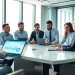 Engaging scene of a business team discussing WhatsApp Business CRM software in a modern office.