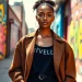 Showcasing Rivelle clothing on a model in a vibrant urban setting with colorful street art.