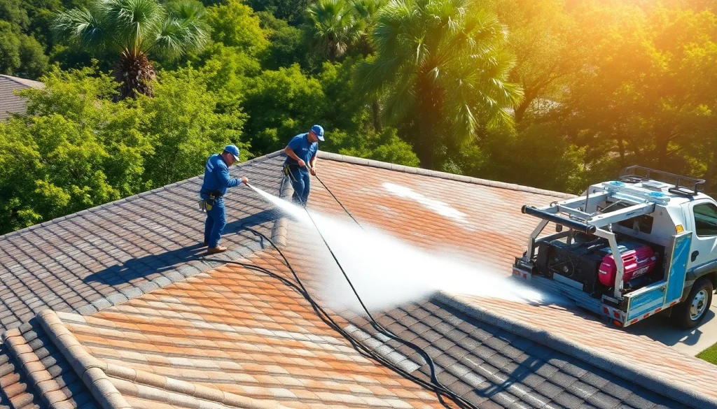 Roof cleaning in Kissimmee, showcasing professionals using soft washing techniques for effective cleaning.