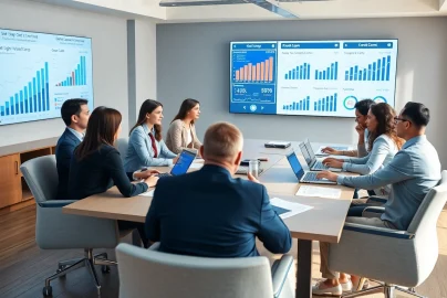 협업과 혁신에 초점을 둔 상품권신용카드 거래에 대해 논의하는 전문 비즈니스 미팅.