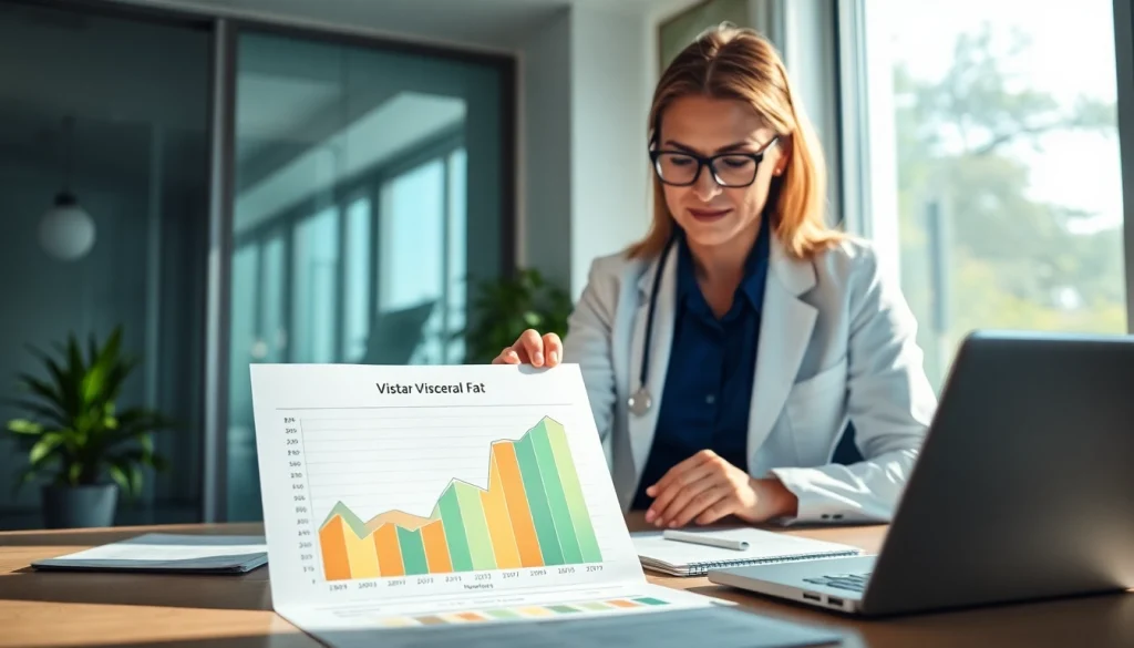 Illustration of visceral fat analysis with charts and notes in a nutritionist's office