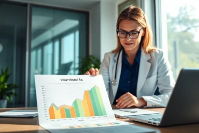 Illustration of visceral fat analysis with charts and notes in a nutritionist's office