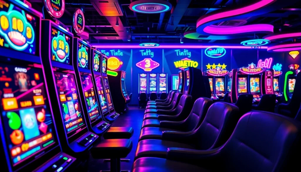 Menggambarkan suasana permainan walettoto dengan mesin slot menarik dan pencahayaan moody.