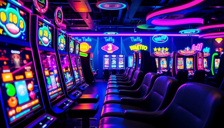 Menggambarkan suasana permainan walettoto dengan mesin slot menarik dan pencahayaan moody.