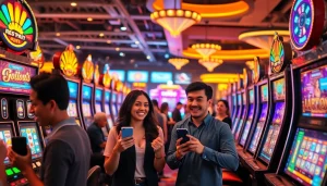 Permainan slot deposit pulsa menarik dengan pemain bersemangat di kasino yang hidup.