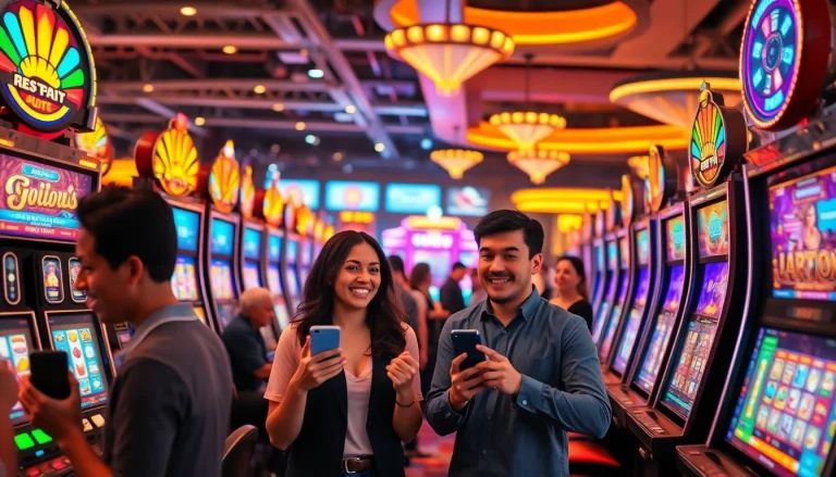 Permainan slot deposit pulsa menarik dengan pemain bersemangat di kasino yang hidup.