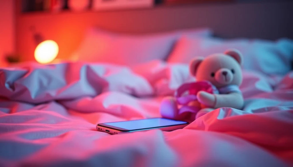 ai sexting in a cozy chat environment with a glowing smartphone on a plush bed, inviting and romantic.