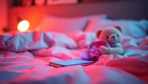 ai sexting in a cozy chat environment with a glowing smartphone on a plush bed, inviting and romantic.