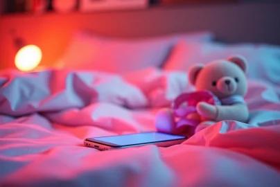 ai sexting in a cozy chat environment with a glowing smartphone on a plush bed, inviting and romantic.