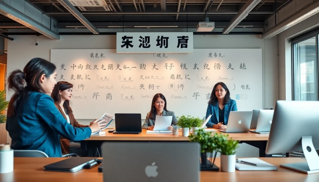 Dynamic scene showcasing professional translators collaborating on authorized translations, emphasizing quality and trust.