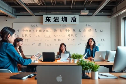 Dynamic scene showcasing professional translators collaborating on authorized translations, emphasizing quality and trust.