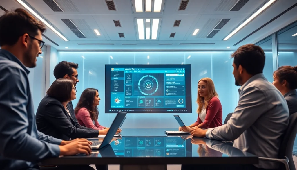 Professionals collaborating with Gemini 3 Pro interface in a futuristic work setting.
