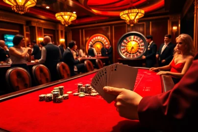 Players enjoying high-stakes poker at bk8th Casino, surrounded by excitement and luxury.