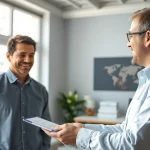 Frictionless warranty experience illustrated with a customer and representative in a modern office.