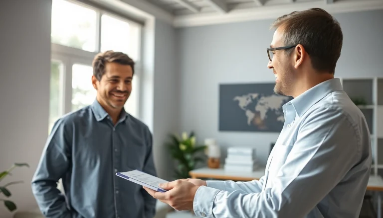 Frictionless warranty experience illustrated with a customer and representative in a modern office.