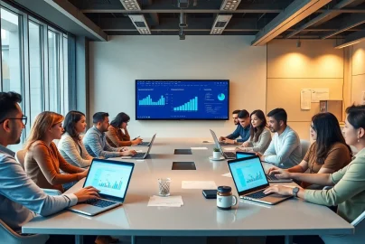 在现代办公环境中使用 WPS Office 的协作专业人士，展示 WPS官网。