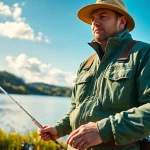 Model wearing fly fishing apparel while casting a line at a scenic lake.