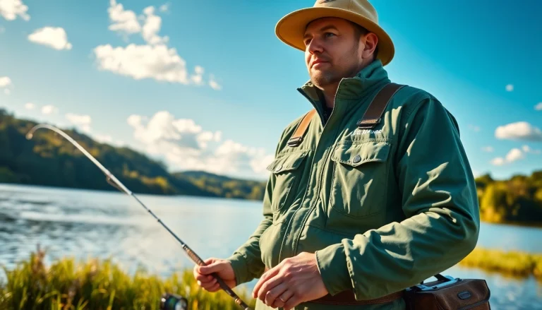 Model wearing fly fishing apparel while casting a line at a scenic lake.