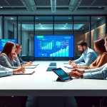 Visualizing growth strategy trends with a professional team in a collaborative setting.