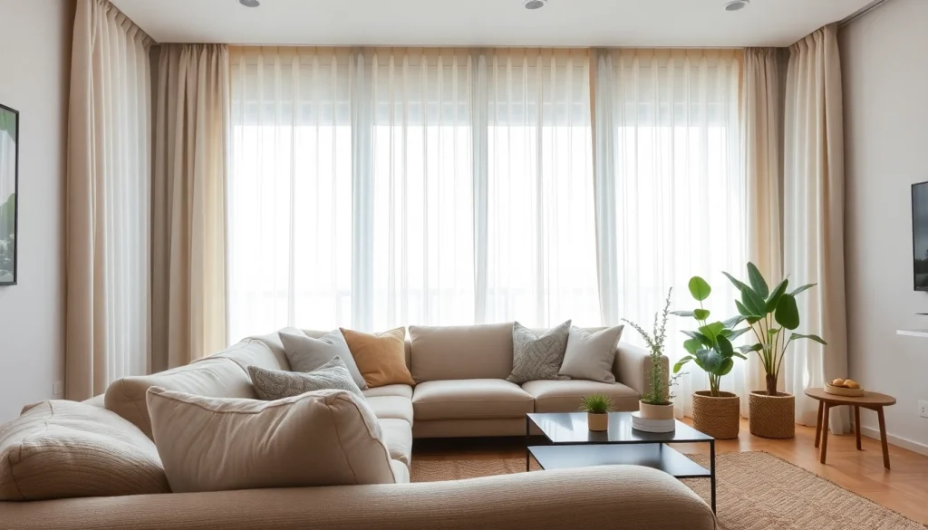 Verduisterende gordijnen die een gezellige woonkamer verfraaien met stijlvolle details.