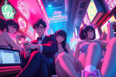 Engaging characters from a hentai game in a vibrant anime-inspired setting, showcasing dynamic interactions.