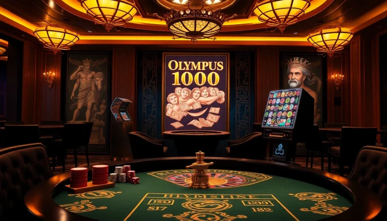 Rasakan sensasi Olympus 1000 di meja kasino mewah dengan chip berwarna-warni dan roda roulette.