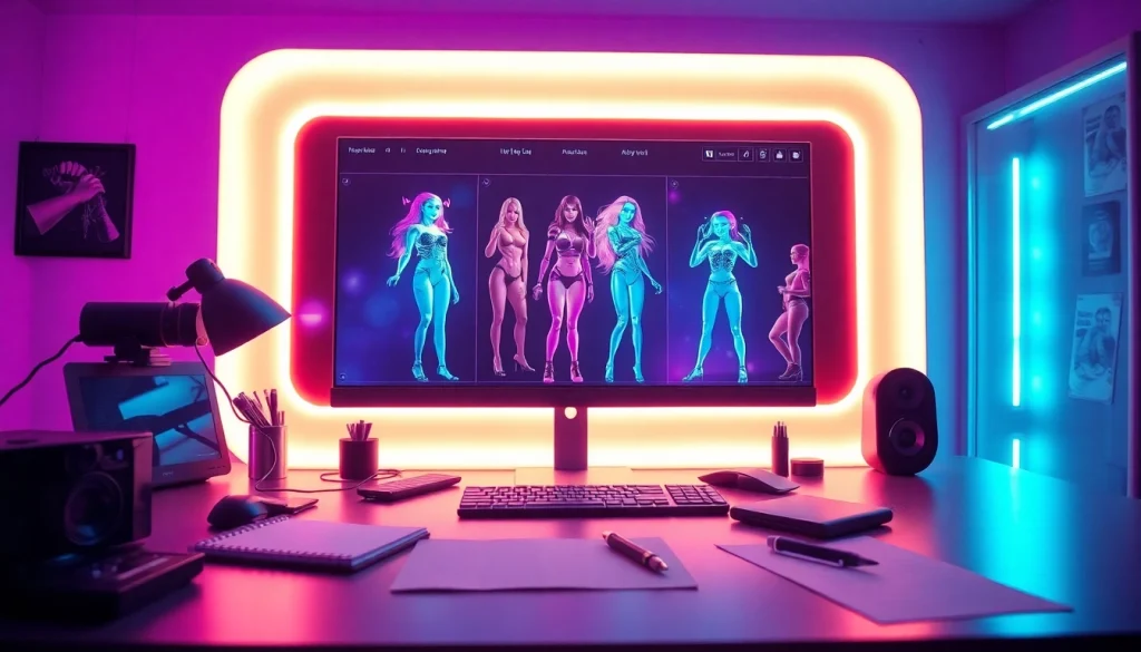 Advanced nsfw ai technology in a sleek workspace showcasing vibrant characters and digital interaction.
