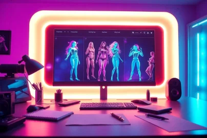 Advanced nsfw ai technology in a sleek workspace showcasing vibrant characters and digital interaction.