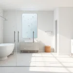 Elegant glass shower doors showcasing modern design in a brightly-lit bathroom.