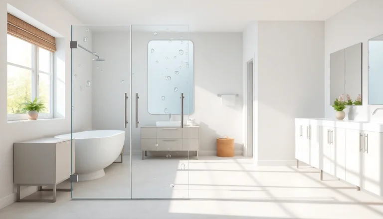 Elegant glass shower doors showcasing modern design in a brightly-lit bathroom.