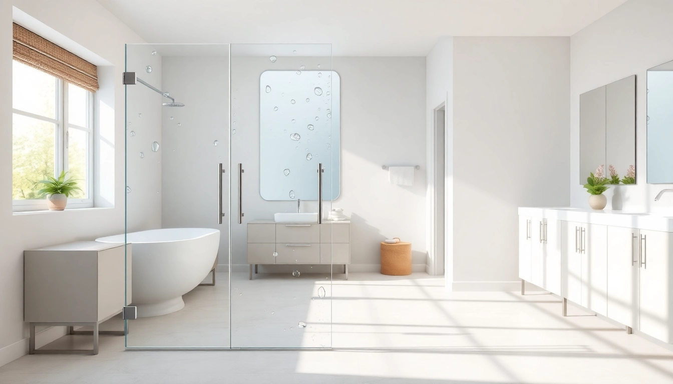 Elegant glass shower doors showcasing modern design in a brightly-lit bathroom.