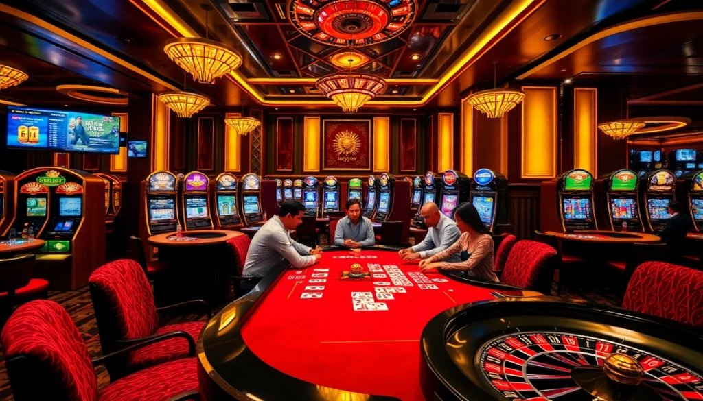 Players enjoying a thrilling game at nhà cái xin88's vibrant casino, featuring card tables and slot machines.