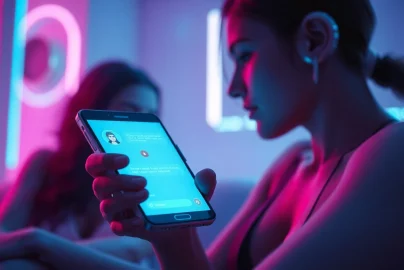 Engaging in NSFW AI chat with advanced digital interfaces in a futuristic environment.