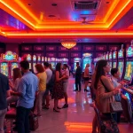 Players winning at vibrant slot machines with easy 'slot depo 5rb' options in a luxurious casino.