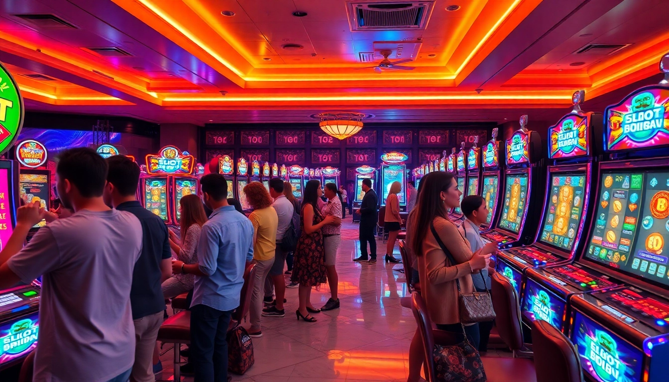 Players winning at vibrant slot machines with easy 'slot depo 5rb' options in a luxurious casino.