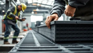 GRP Grating Supplier showcasing durable grating installation by a skilled technician with an industrial backdrop.