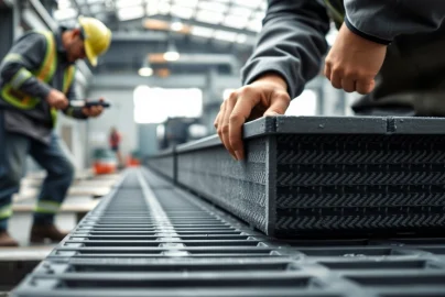 GRP Grating Supplier showcasing durable grating installation by a skilled technician with an industrial backdrop.