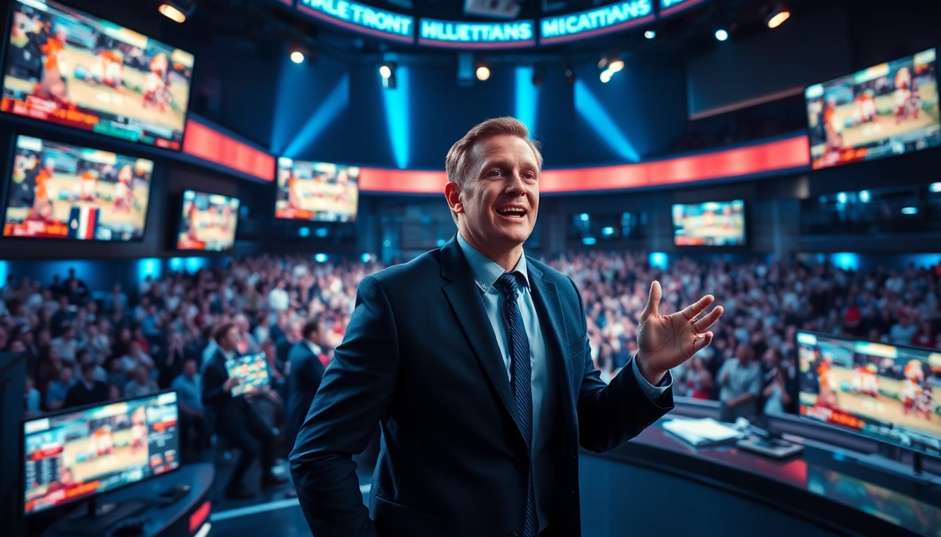 Dynamic sports broadcasting studio with anchor discussing live games and audience cheering.