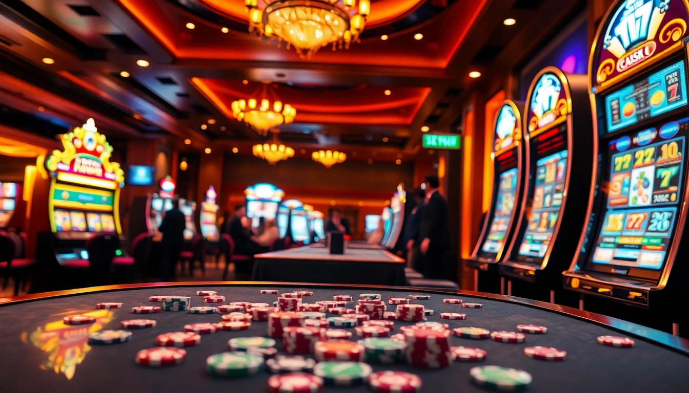 Engaging scene of gamblers playing on a seven 77 slot login machine at a luxurious casino, showcasing excitement and luxury.