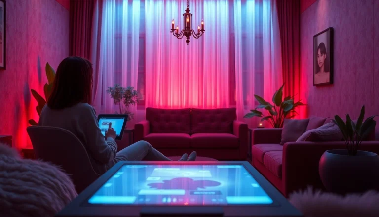 Engaged user enjoying nsfw ai chat in a cozy, intimate setting with a digital character